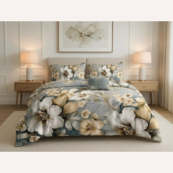 Pościel satynowa 140x200 białe kwiaty na szaro niebieskim tle – komplet premium PK 828 z PRZEŚCIERADŁEM